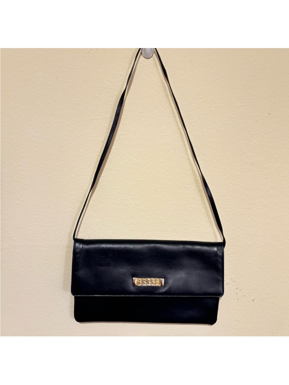 Navy Blue Shoulder Bag with Flap Closure and Gold Hardware by Erik For Holiner